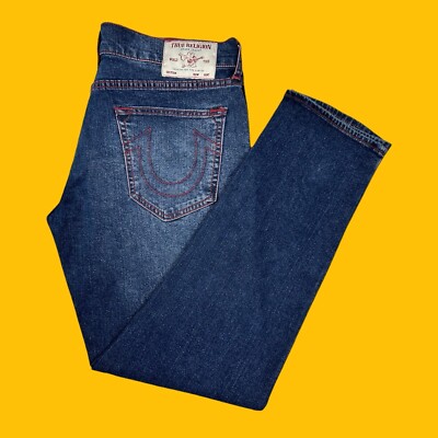 True Religion Mens Size 36x32 Geno Relaxed Slim Jeans Red Stitch Dark Blue  Denim