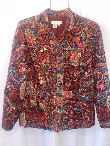 Coldwater Creek M Red Paisley Corduroy Lined Jacket Jean Jacket Style Size M - Picture 2 of 11