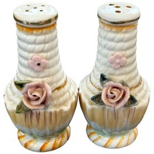 Vintage Porcelain Flowers Basket Vase Floral Rose Salt and Pepper Shakers Japan