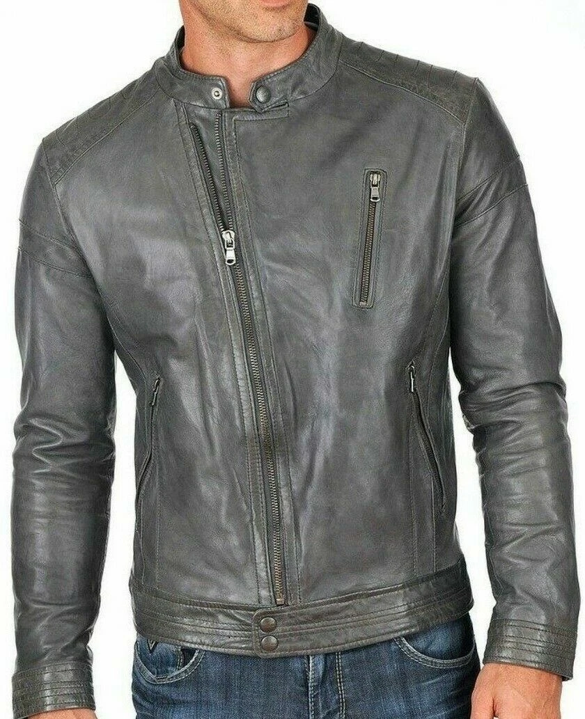 Men's Gray Real Lambskin Leather Jacket Motorcycle Biker Retro Cafe Racer Zip Up