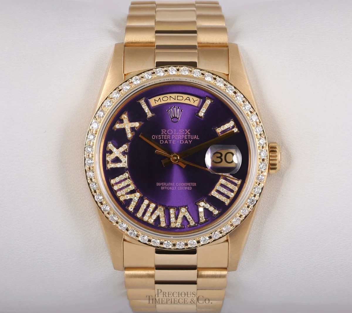 Rolex Day Date 18238 President 36mm 18k Purple Roman Diamond Dial Diamond Bezel