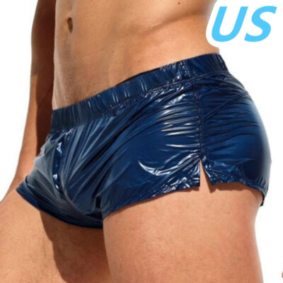 Men Shiny Side Slit Shorts Low Rise Boxer Briefs Booty Shorts