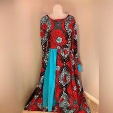African Print Full Length Ladies dress in small, red, turquoise, and black