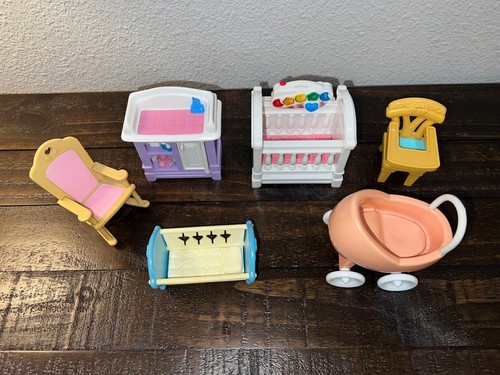 vtg 90s Dollhouse Fisher-Price Baby Nursery 6 Furniture crib,bed,rocker,changer - Picture 2 of 5