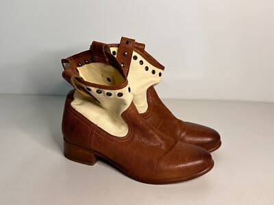 Frye Amelia Beige Canvas Brown Leather Slouchy Boots Women