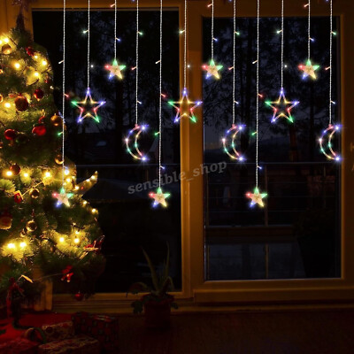 138 LED Moons Stars Curtain Window String Night Light USB Battery Powered Decor
