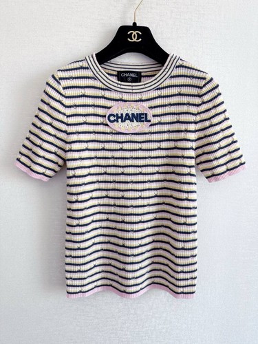 CHANEL Striped Knit Logo T-Shirt Top S Pink Navy White Authentic Cotton Blend Te