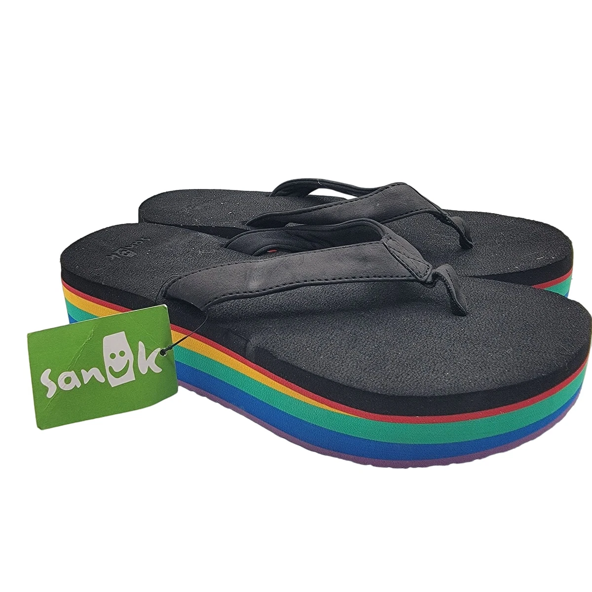 Sanuk Stacker Flatform Womens 9 Rainbow Flip Flop Black Sandals Summer  Beach