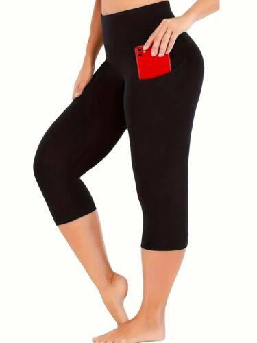 Plus Size High Waist Capri Leggings with Pockets for Women(235)