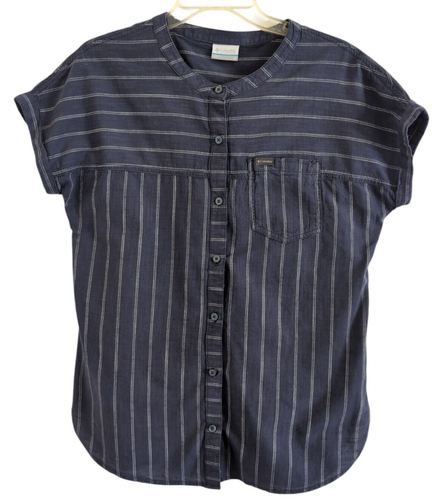 Columbia® Women's MEDIUM Camp Henry Short Sleeve Nautical Stripe Shirt Cotton