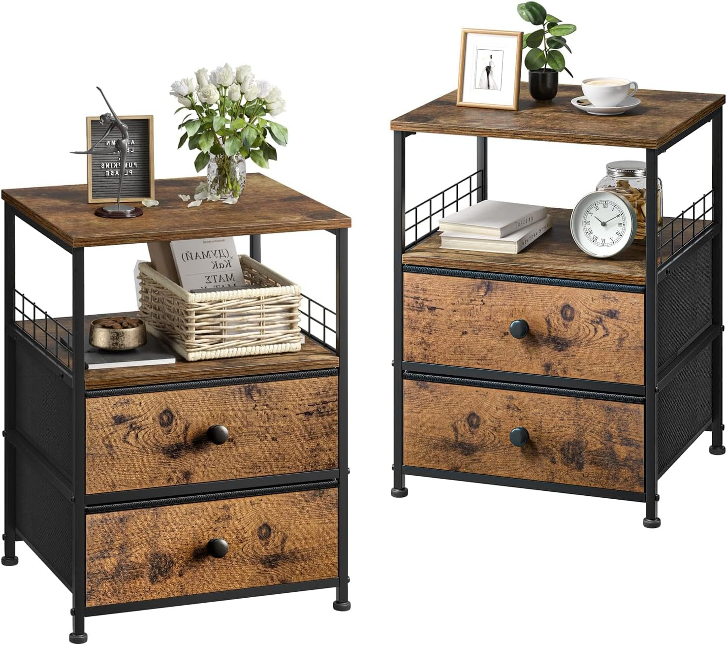Nightstand Set of 2, Bedside Table with Fabric Drawers and Open Wood Shelf Stora-image