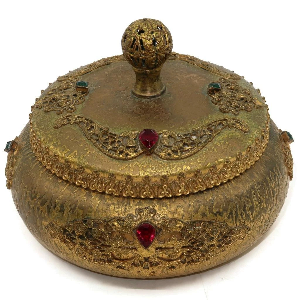 Antique Art Deco Silvercraft Filigree Jeweled Dresser Powder Jar w/ Glass Insert
Opens in a new wind