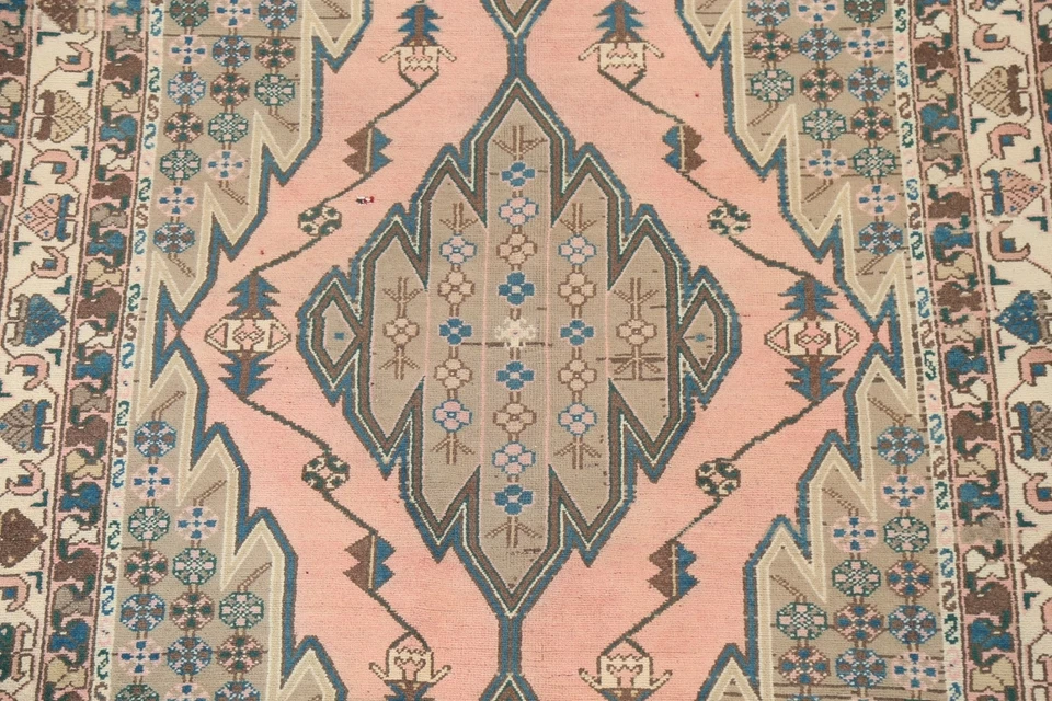 Vintage PINK Geometric Hamedan Area Rug Tribal Hand-knotted Oriental Carpet 5x6 - Image 4 of 4