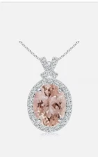 2.50Ct Oval Cut Lab-Created Morganite Halo Pendant 14K White Gold Plated 18"