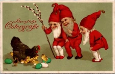1920s GERMAN Easter Postcard Gnomes Watch Hen Hatch Baby Chicks Pussy Willow