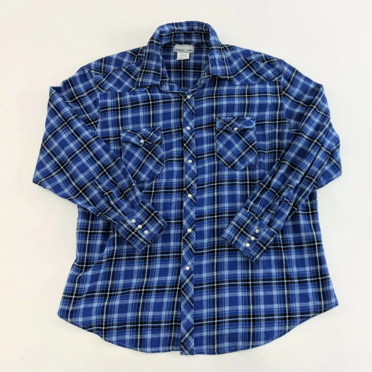 Wrangler Wrancher Men s 2XL Long Sleeve Blue Plaid Flannel Pearl