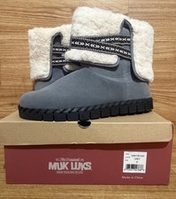 Muk Luks Sz 8 Womens Grey Chenille Boot Winter Bootie Slipper Sherpa Lining NEW