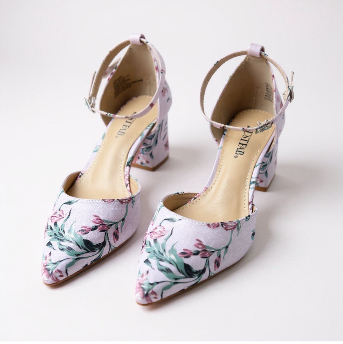 Just Fab Floral Fabric Ankle Strap Low key Pumps Blush Floral Sz 7 With Box