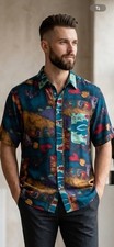 SILKS Shirts Vintage 90 s Size S/P Pop Art Abstract Colourful Silk Men s
