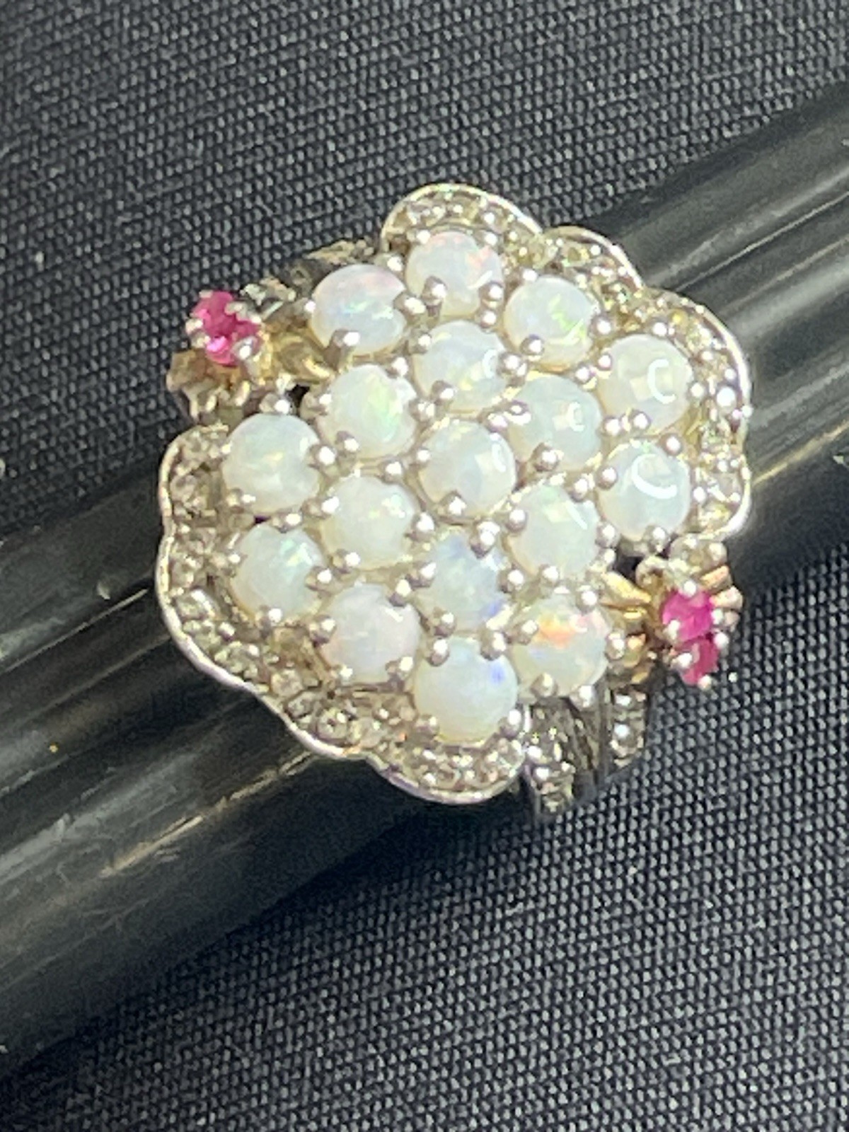 Signed STS 925 Sterling Silver Opal Ruby Ring Clu… - image 10