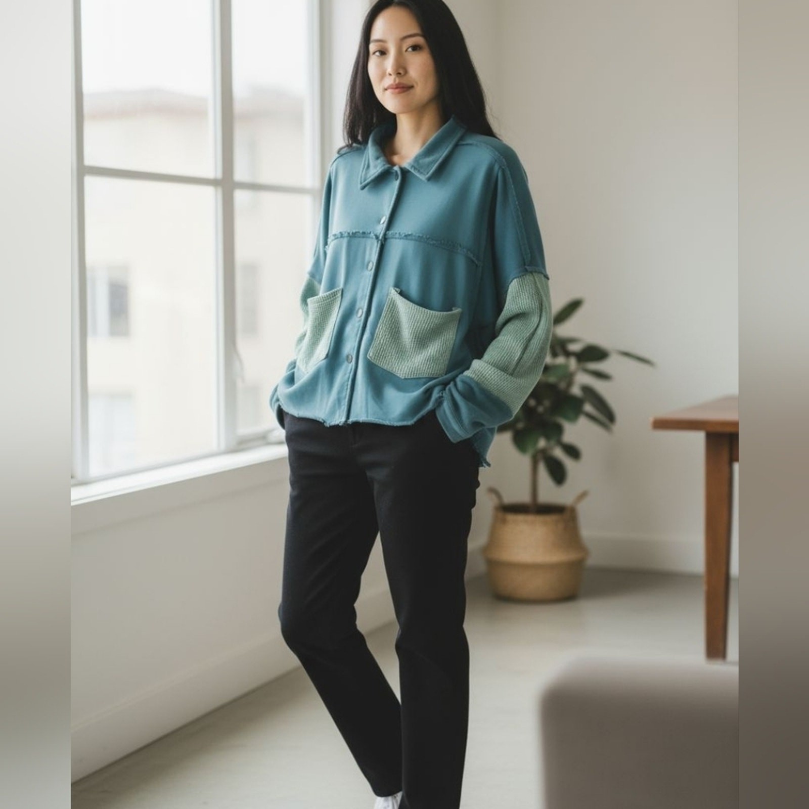 POL Boho Patchwork Button Down Shirt Jacket Green… - image 2