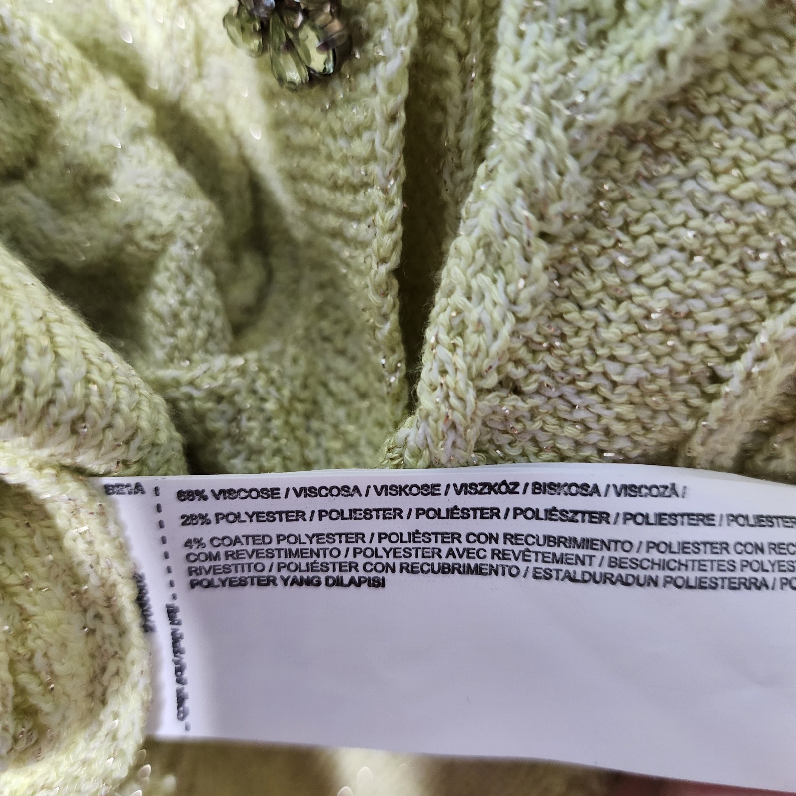 Mango Metallic Lurex Knitted Cardigan Lime Green Jewel Buttons New With Tags L thumbnail 7