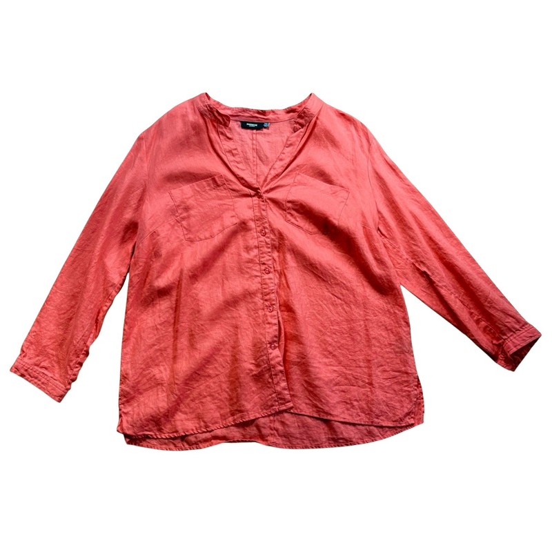 Premise Shirt Women 20W Orange Linen Roll Tab Sleeve Breast Pockets Band Collar