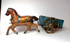 1880-1920 Tin Litho Horse Drawn Wood Floor 2 Wheel Wagon 11" Long Attic Find