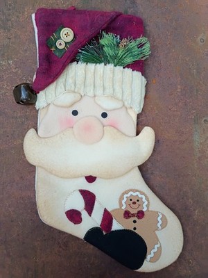 Christmas Stocking 3D Santa Claus Ginger Cookie Cane Applique Bell