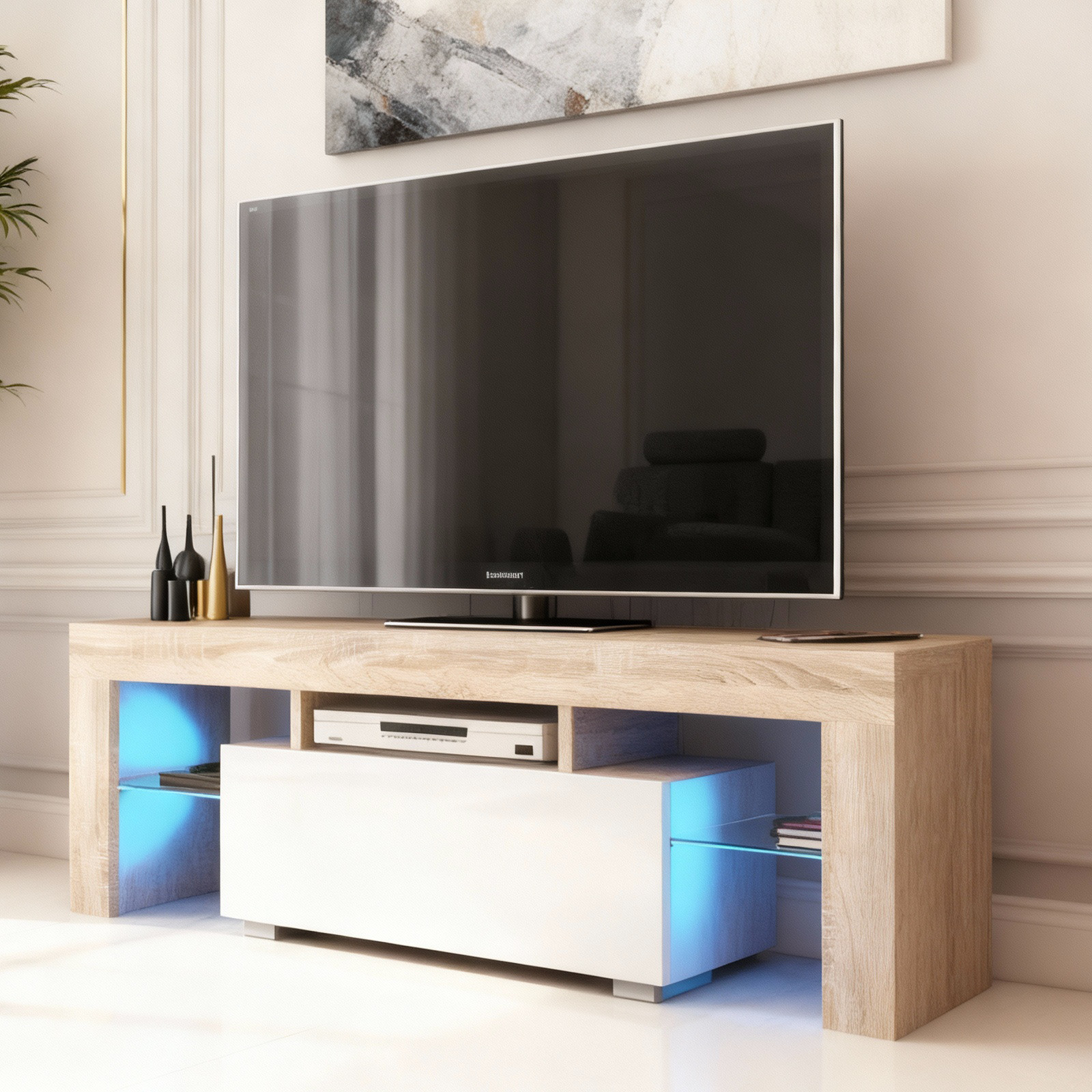 TV Unit Sideboard Cabinet TV Stand Oak White Gloss LED Media Storage 130cm