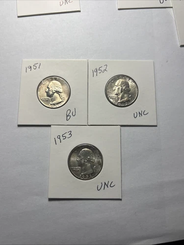 1951,1952,1953 Philadelphia Mint Silver Washington Quarter Uncirculated 3 Coins