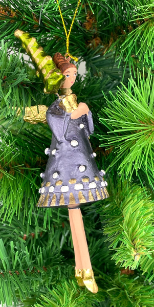 Christbaumschmuck Engel In Einem Dunkelblau-Goldenen Kleid Mit BäUmchen 16Cm-image