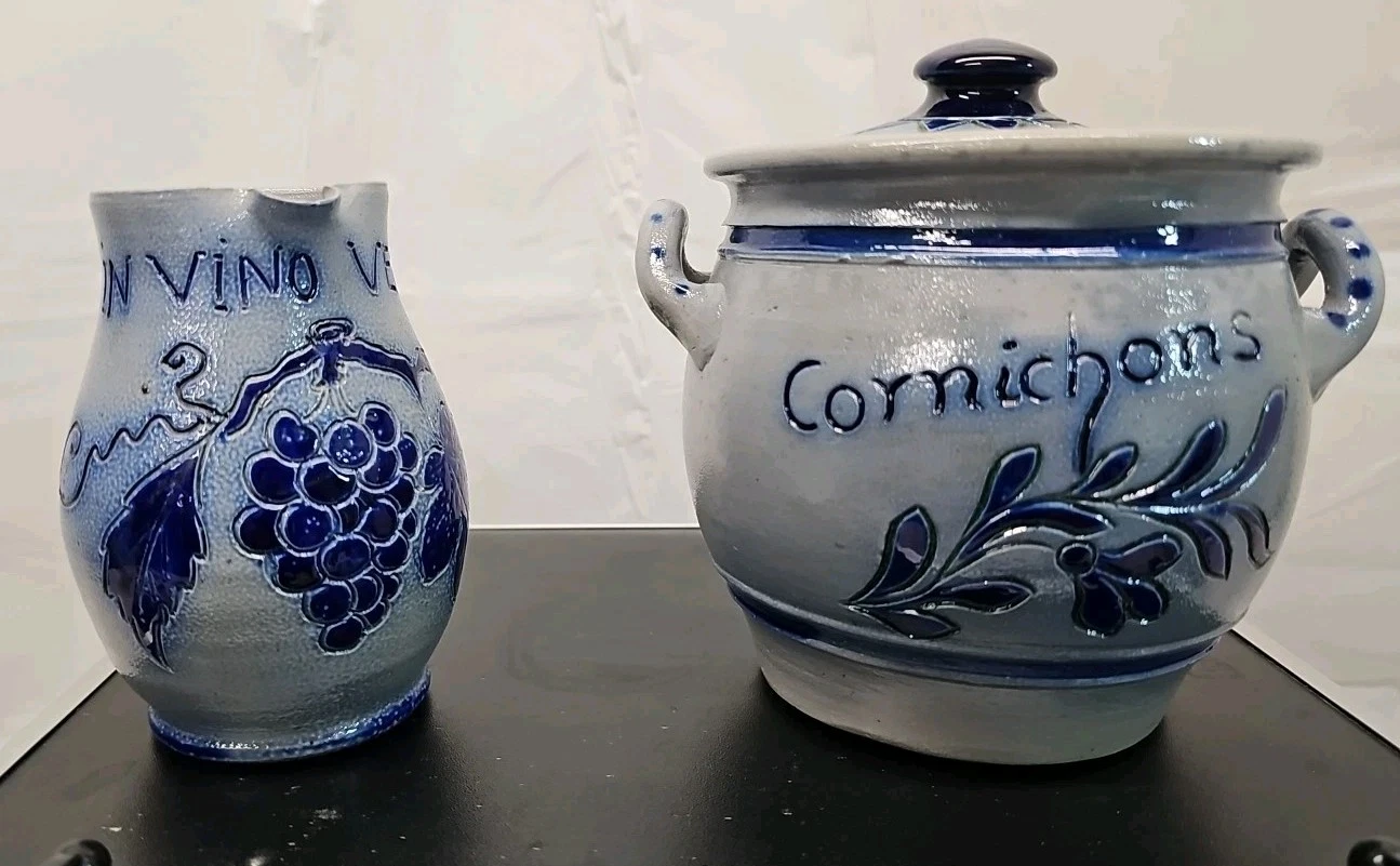 Vintage Blue Glazed Pottery Wine Vase And Covered Pot.