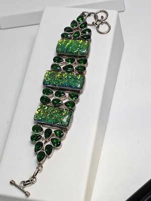 Vintage Colossal Sterling Silver Hand-made Stone Bracelet (Tarnish) SZ 9.5''