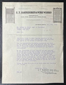 DETROIT, MI ~ E. T. BARNUM IRON & WIRE WORKS ~ Illus. Letterhead 1923