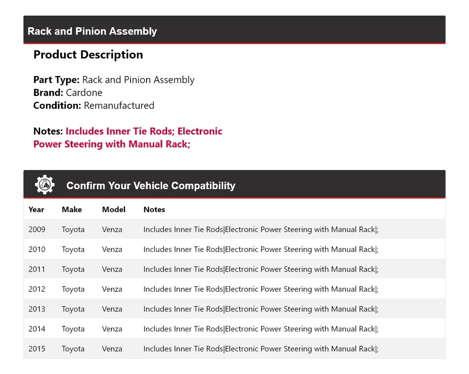 Montaje de piñón y cremallera para Toyota Venza 2009-2015 Cardone 2010 2011 2012 2013 Foto 2 de 4