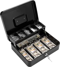 Cash Box with Lock Key and Money Tray Large Money Box for Cash Register, Metal L