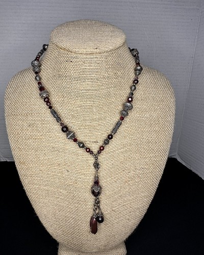 Vintage Designer Tres Jolie Sterling Silver Garnet Glass Pearl Necklace - Picture 3 of 7