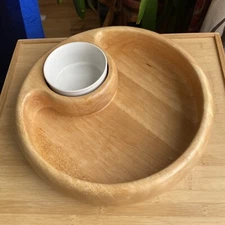 Crate & Barrel Round Wood Chip & Dip Server With Ceramic Bowl Insert