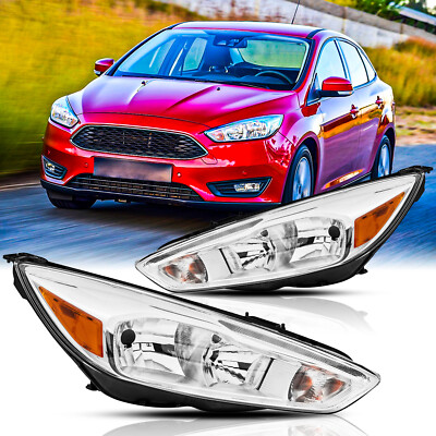 For 2015-2018 Ford Focus Halogen W/LED DRL & Bulbs Chrome Headlights Left+Right