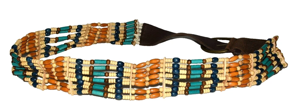 Xhilaration Boho Hippie Brown Leather Blue Brown Black Wood Beaded Belt Size 41 - Image 2 of 4