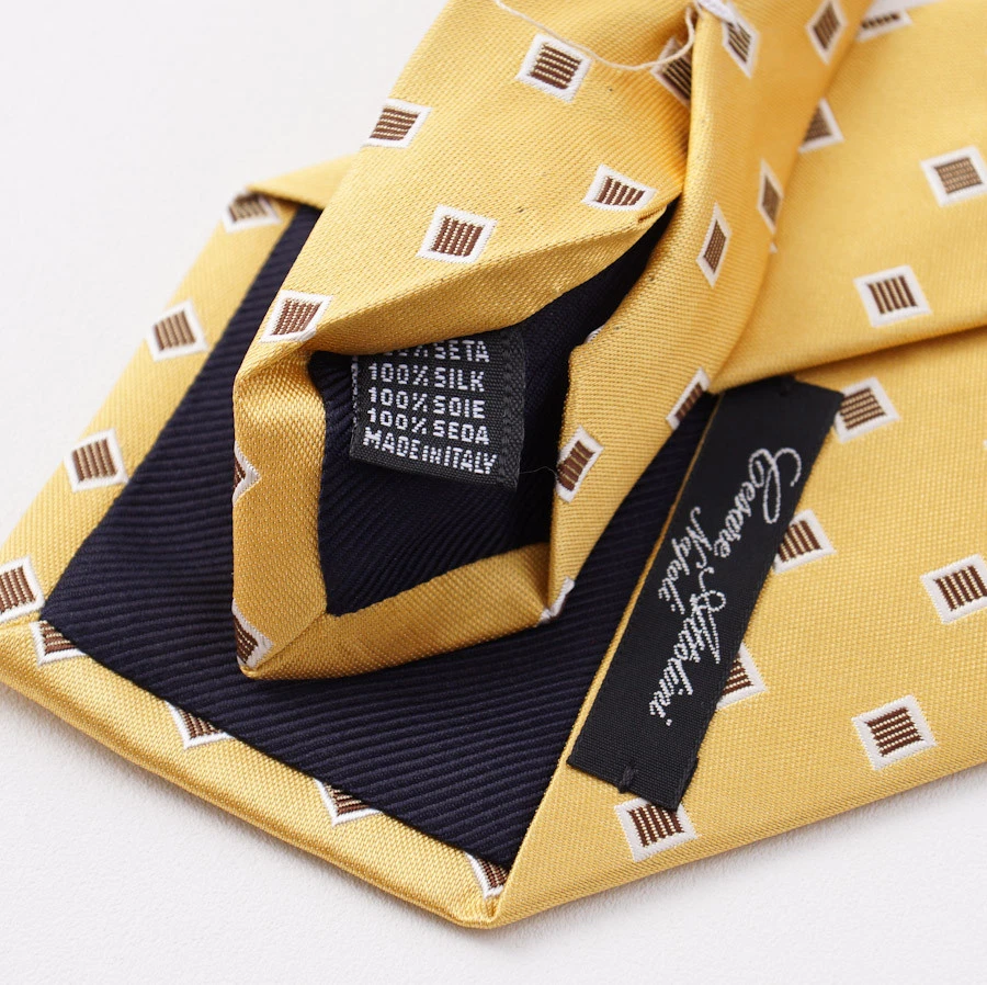 Новый с Ярлыками $295 CESARE ATTOLINI NAPOLI желтый и коричневый жаккардовый узор шелковый галстук - Изображение 4 из 4