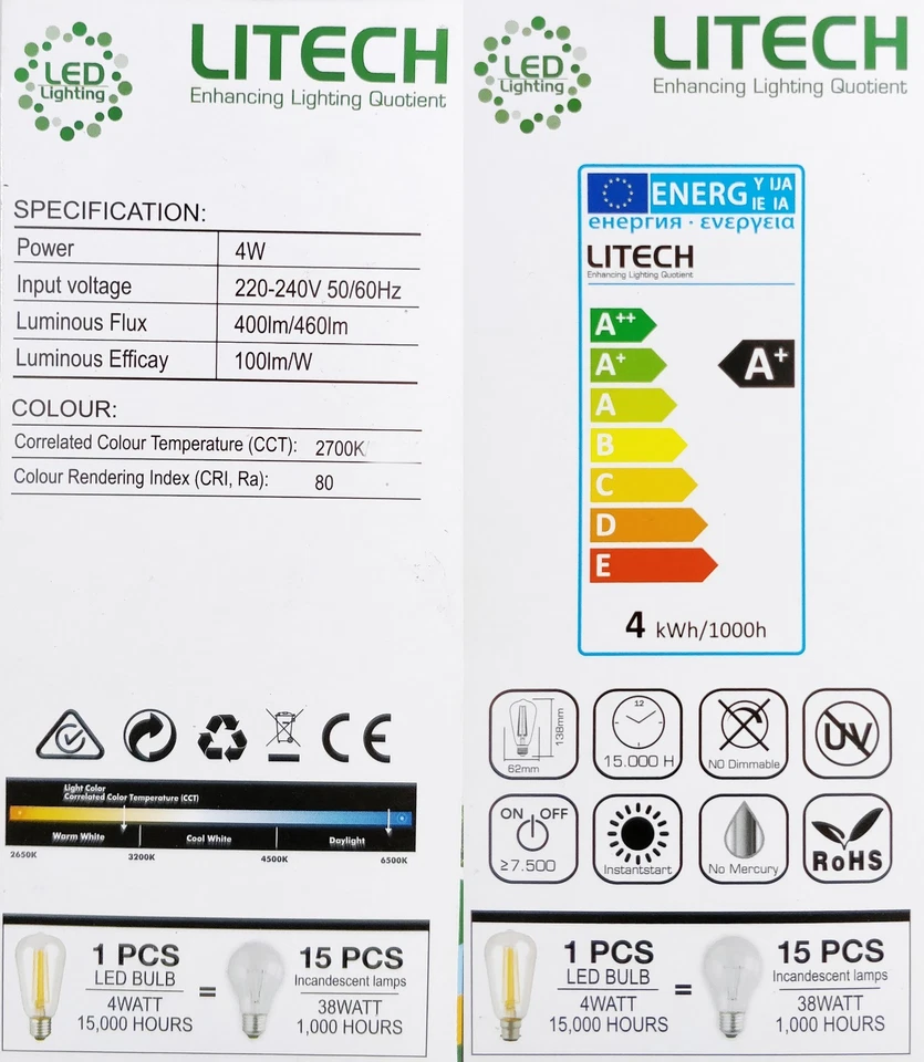 1 x LED 4W Vintage Edison Clear Filament Light Globe Bulb ST64 B22 Litech - Image 3 of 3