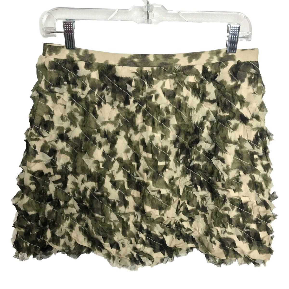 J Crew Mini Skirt Womens Green Camo Crinkled Silk Chiffon Tan