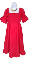 Midi Dress Size M Red Smocked Babydoll Milk Maid Puff Short Sleeves Unbranded 