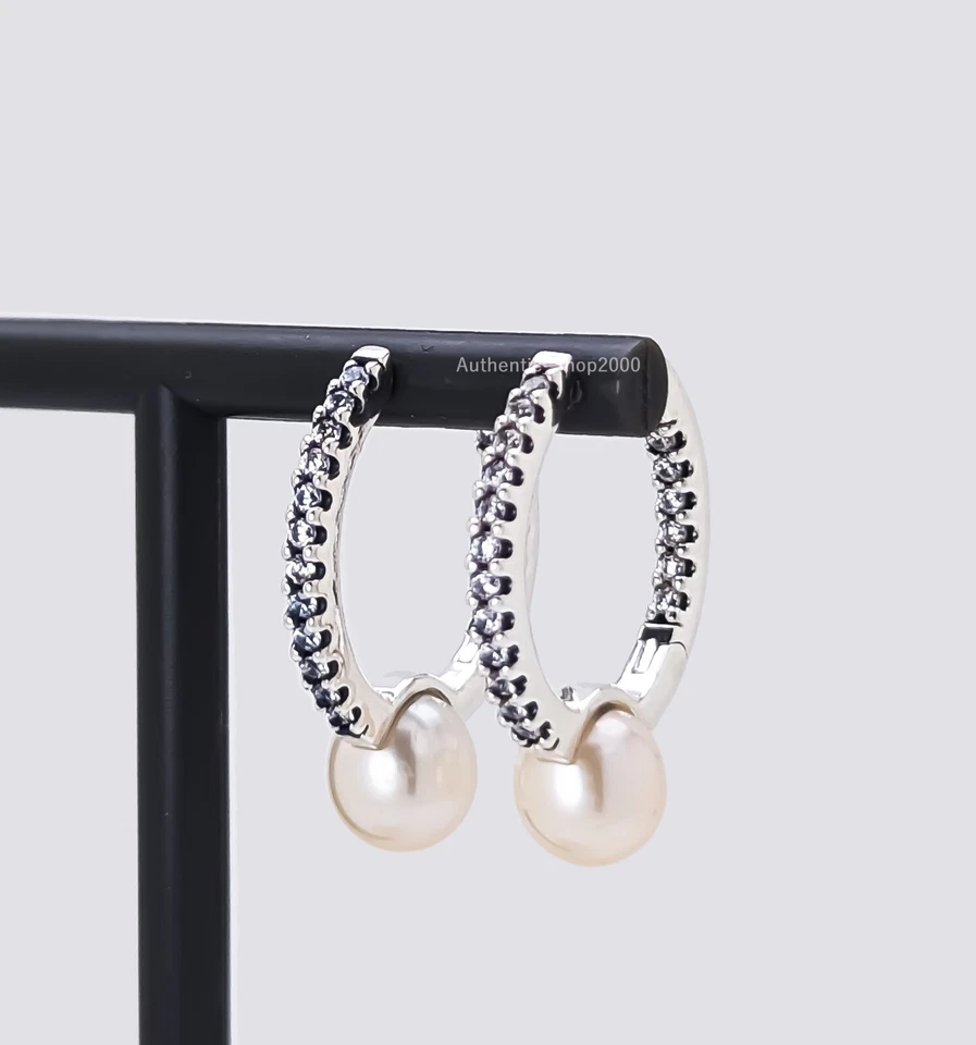 NEW 100% Authentic PANDORA 925 Cultured Pearl & Pavé Hoop Earrings 293171C01 - Image 4 of 4