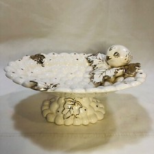Vtg Porcelain White w/ Gold Pedestal Soap Dish/Jewelry Holder Applied Bird Leaf