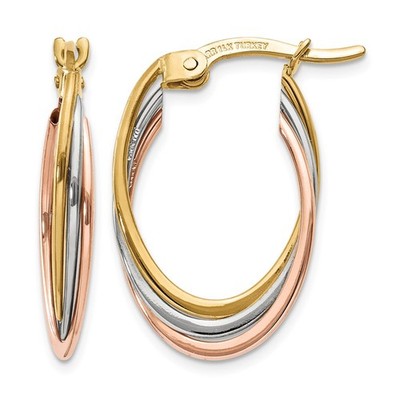 14K Tri-Color Gold Polished Oval Hoop Earrings L-22 mm, W-3.5 mm