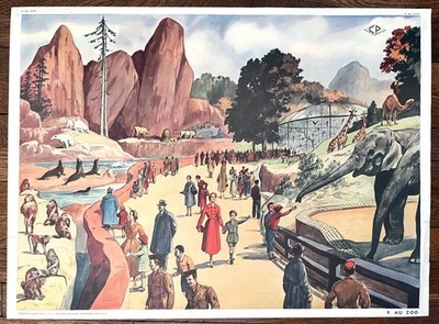   Altes Schulplakat Nachtigall, 1950 - 9, 10 Der Zoo / Das Stadion