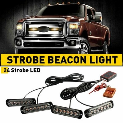 4PCS 6-LED STROBE LIGHTS FLASHING WARNING BEACON AMBER WHITE 12V REMOTE CONTROL